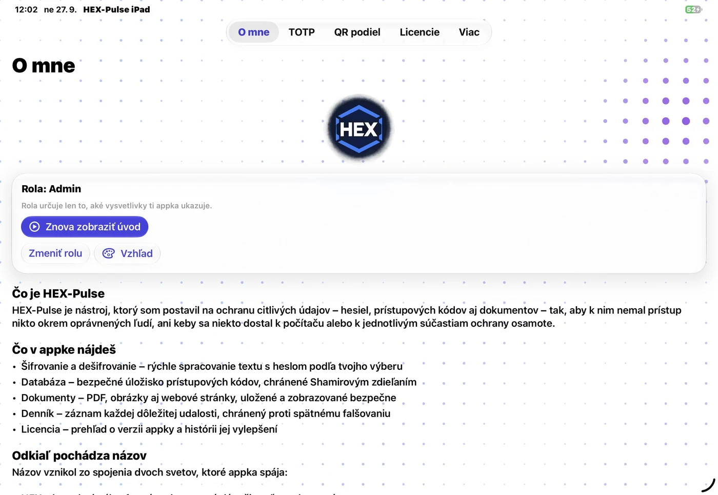 Screenshot appky HEX-Pulse na iPad, karta O mne