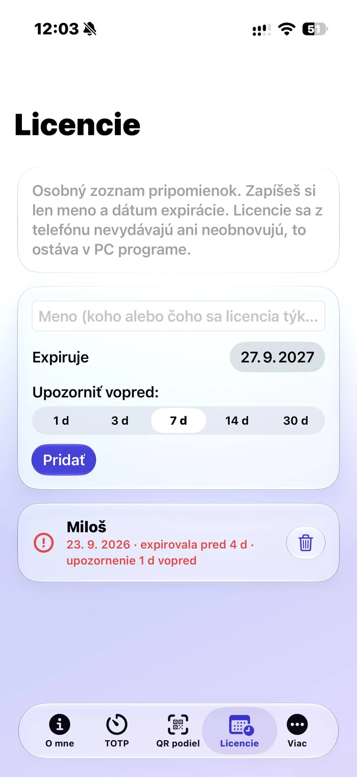 Screenshot appky HEX-Pulse na iPhone, karta Licencie